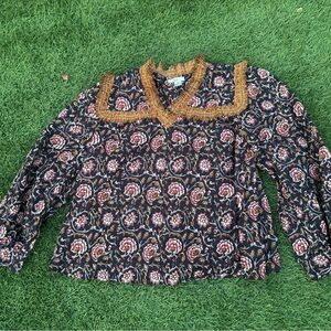 Anthropologie Othilia Sera Black Printed Ruffled Blouse Medium $158